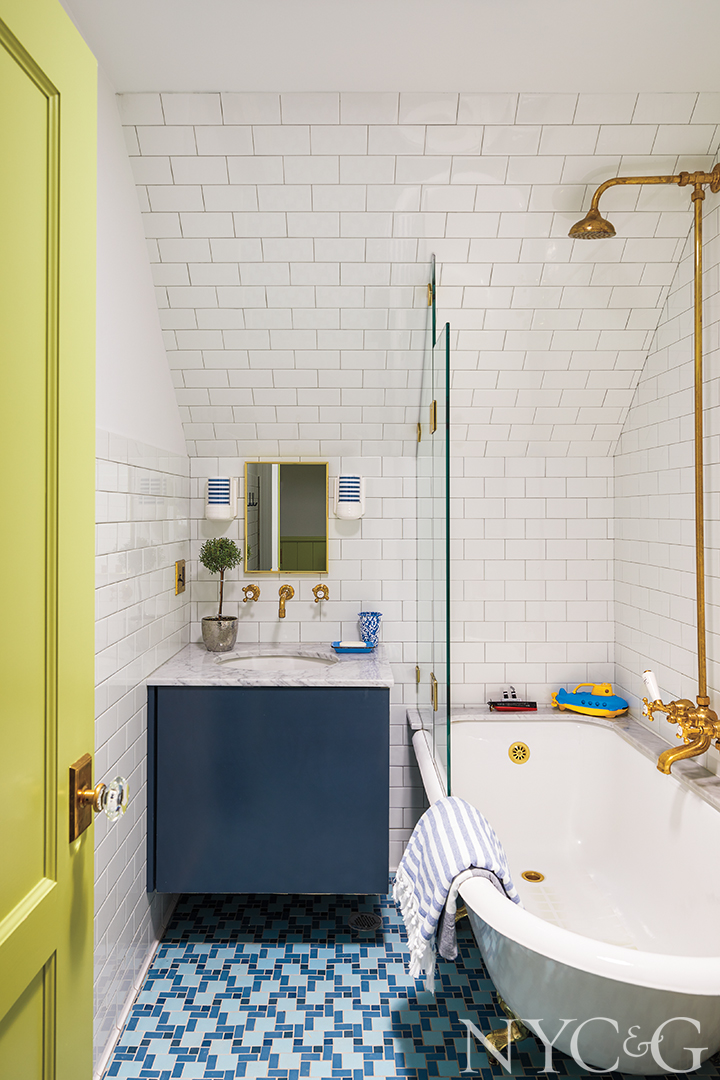 Small Powder Room With Blue Tile Floor