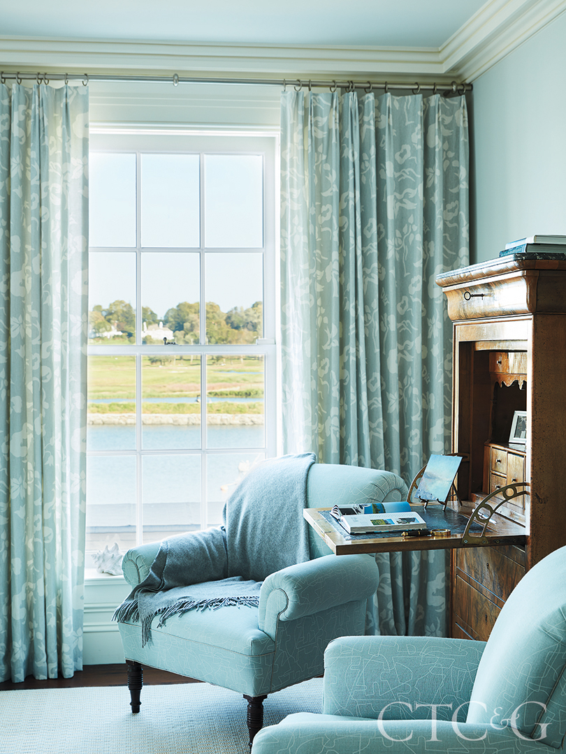 Blue Chair And Window Treatments Interior Design