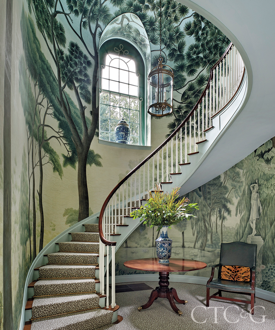 Winding Staircase With Green Wallpaper