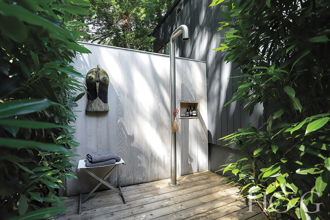 outdoor shower; wood flooring