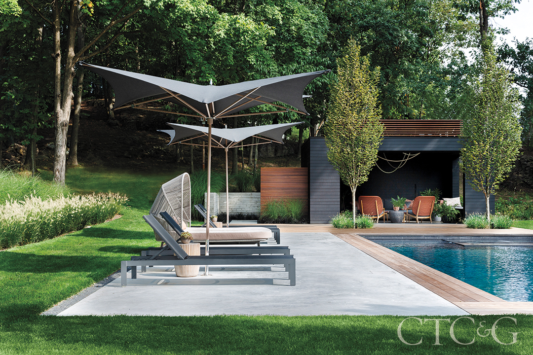 Modern Lounge Chairs And Umbrella And Pool
