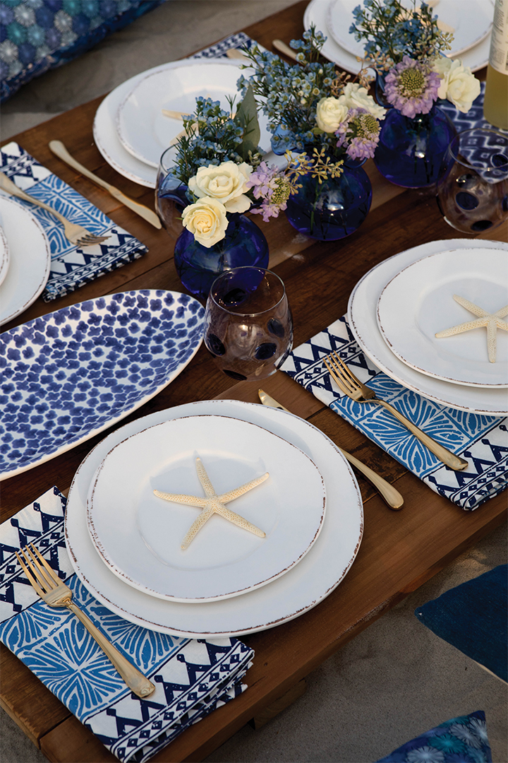 blue and white beach dinner table setting