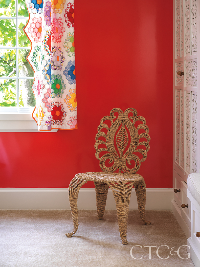 woven rush side chair and repurposed quilt