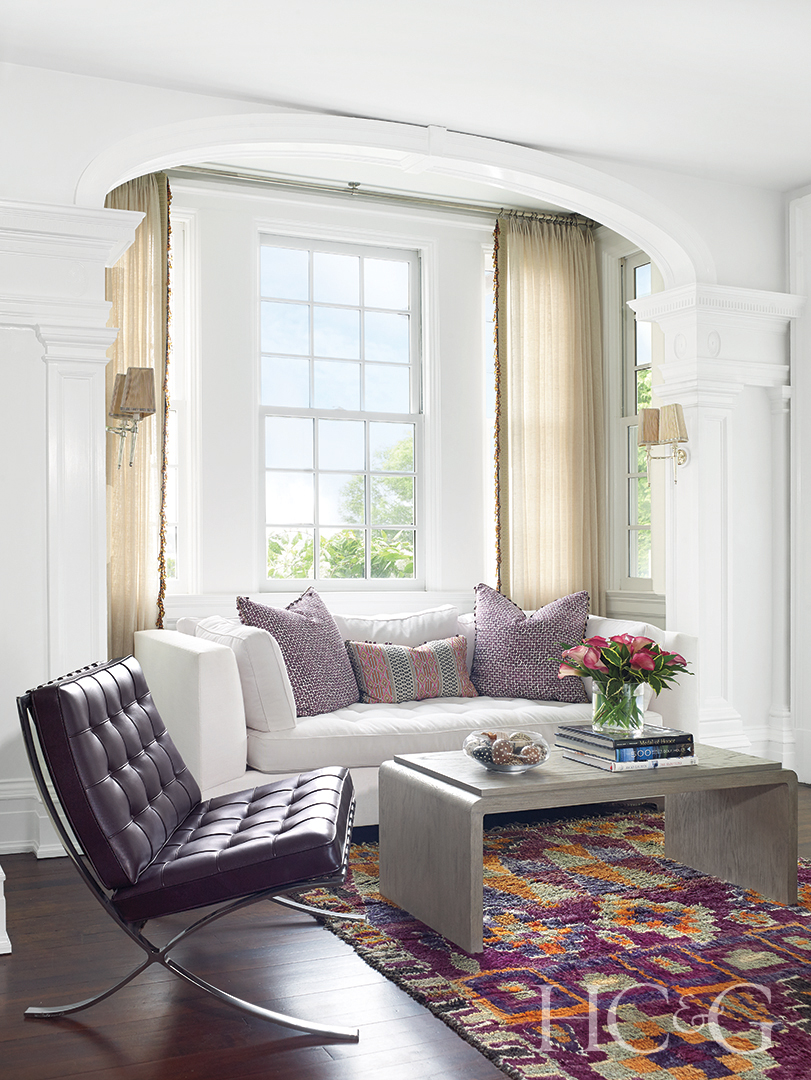 music room Barcelona chair, sofa, and custom cocktail table