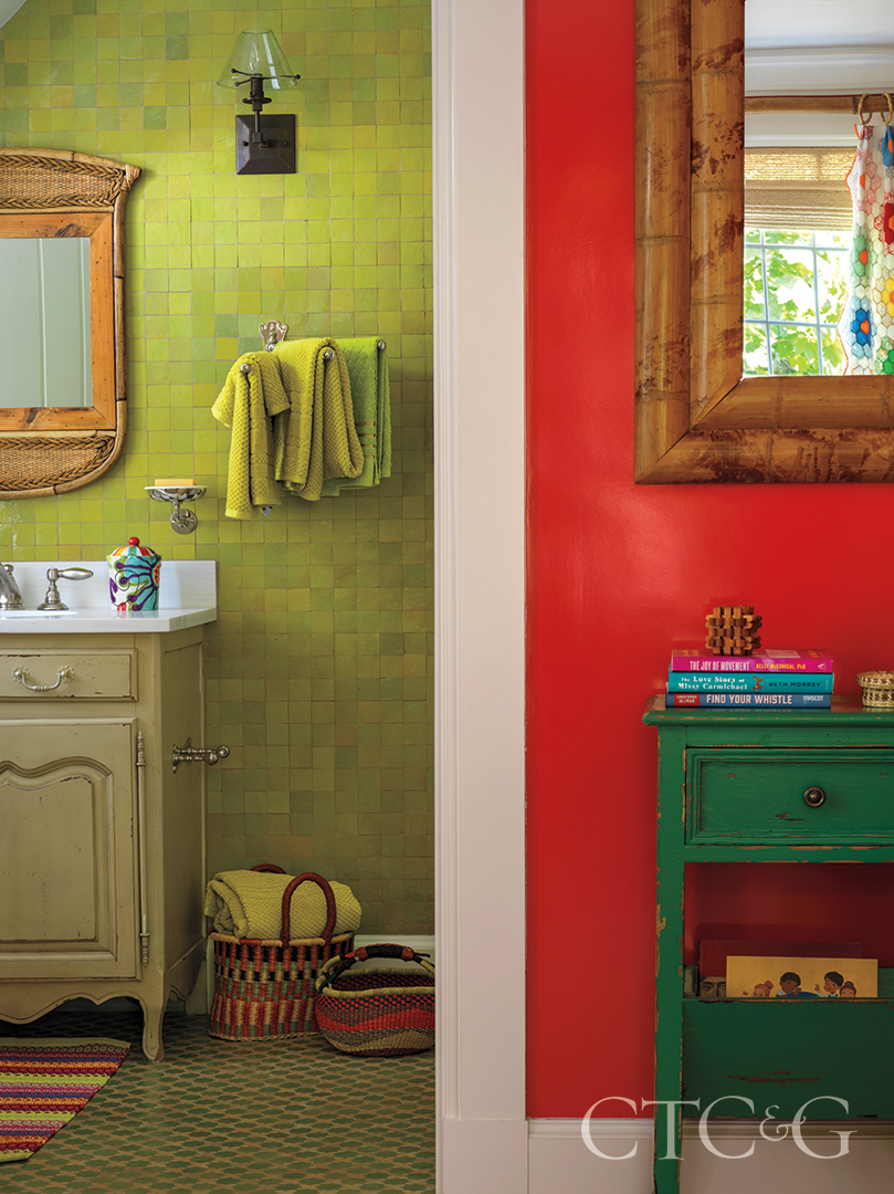 lime green Moroccan tiles in bathroom