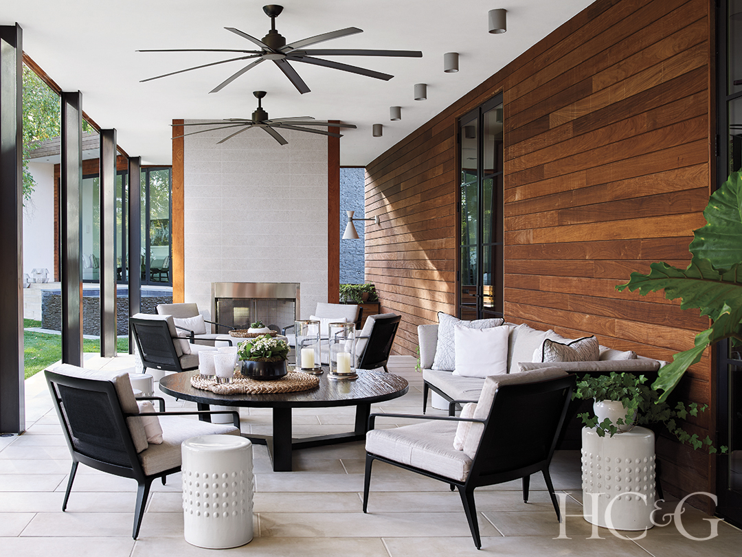 outdoor living room; ipe wood, limestone, and patio furniture