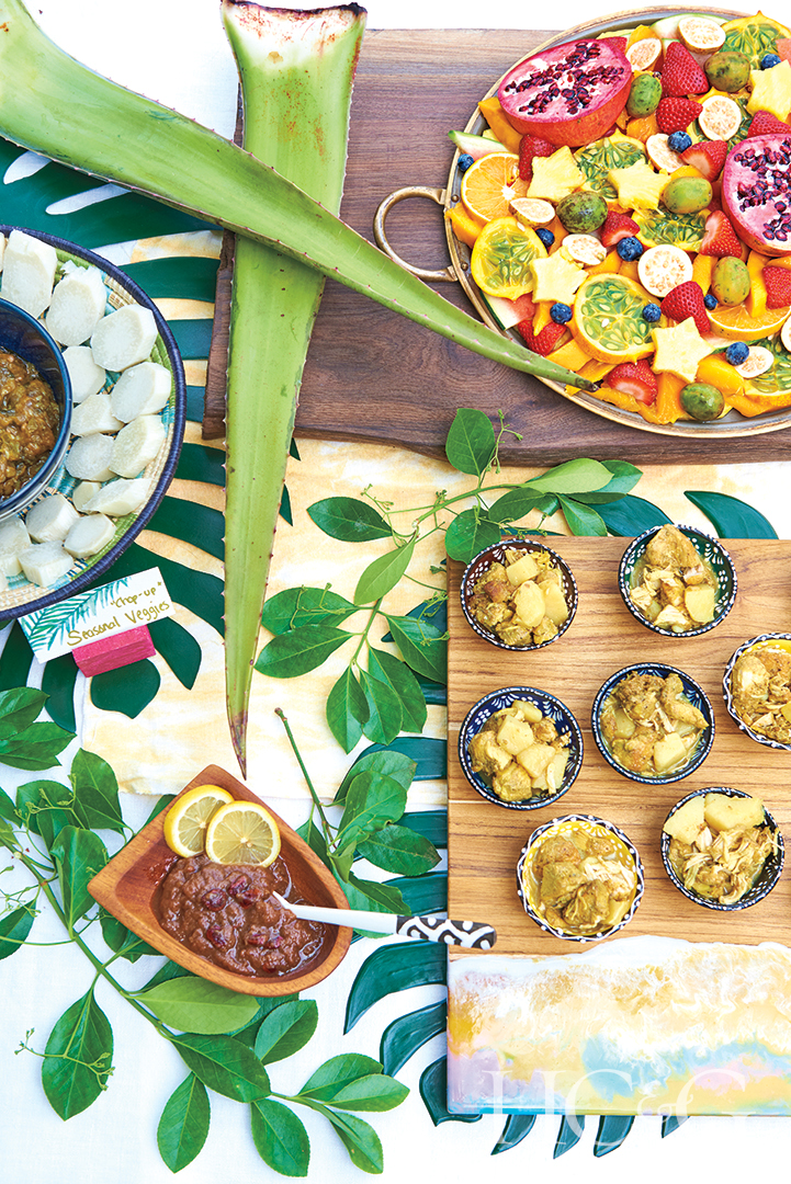 buffet of chicken and fruit