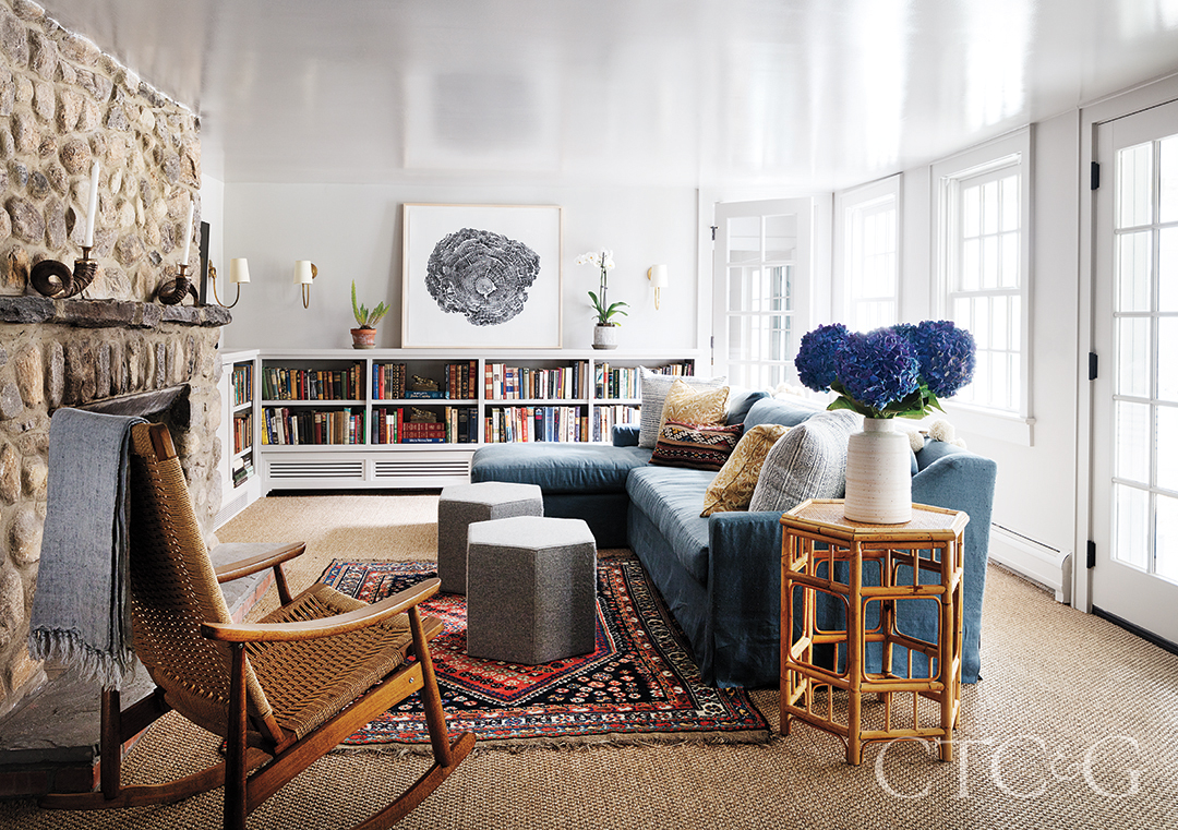 Boho Chic Living Room Couch Rug Chair Fireplace