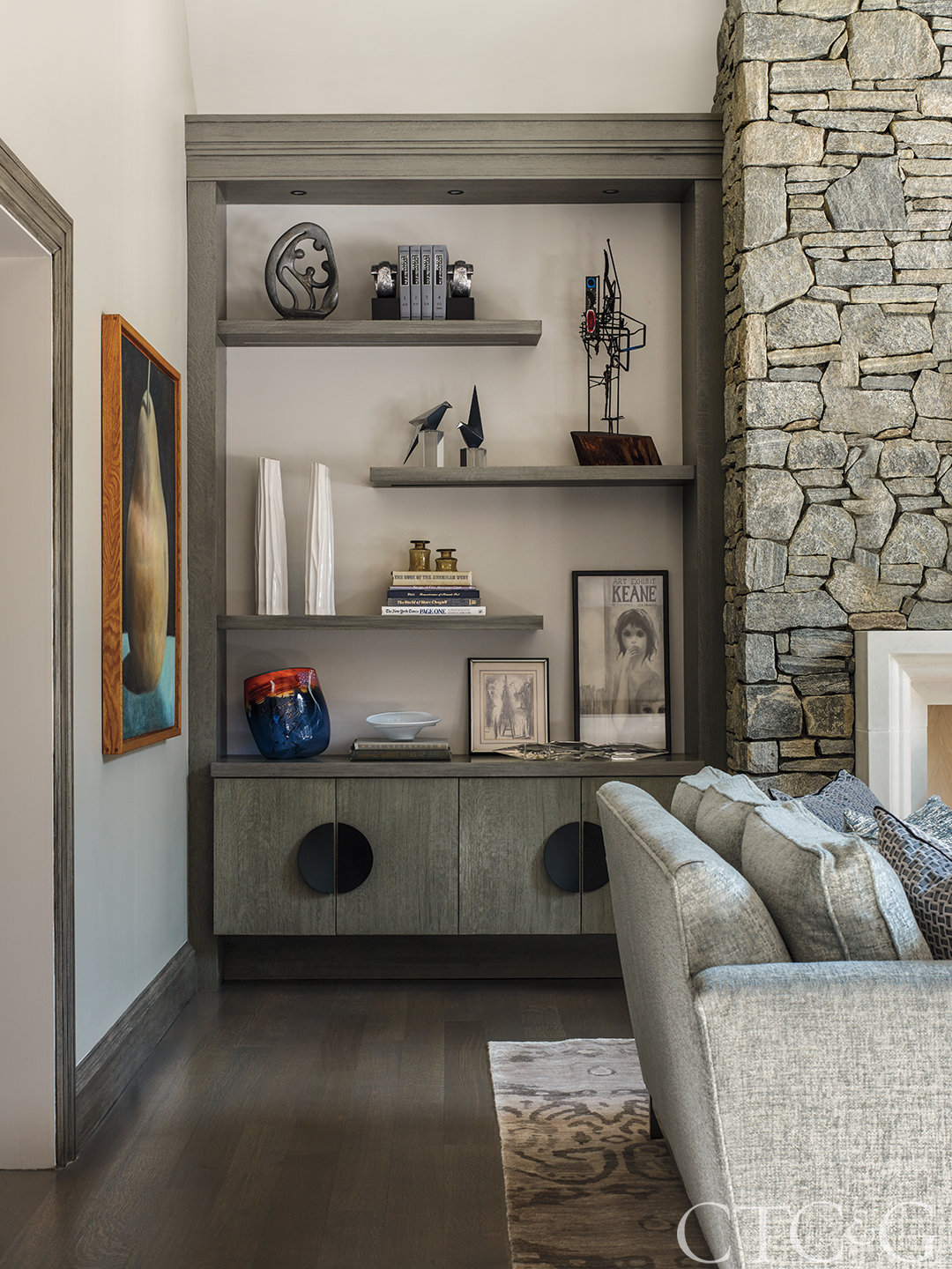 Modern Built In Shelves Stone Fireplace
