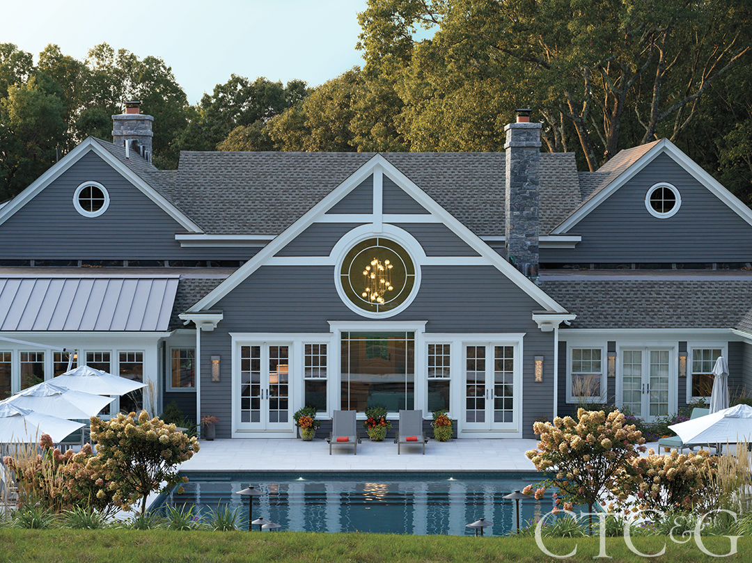 House Gray Exterior Backyard With Pool And Patio