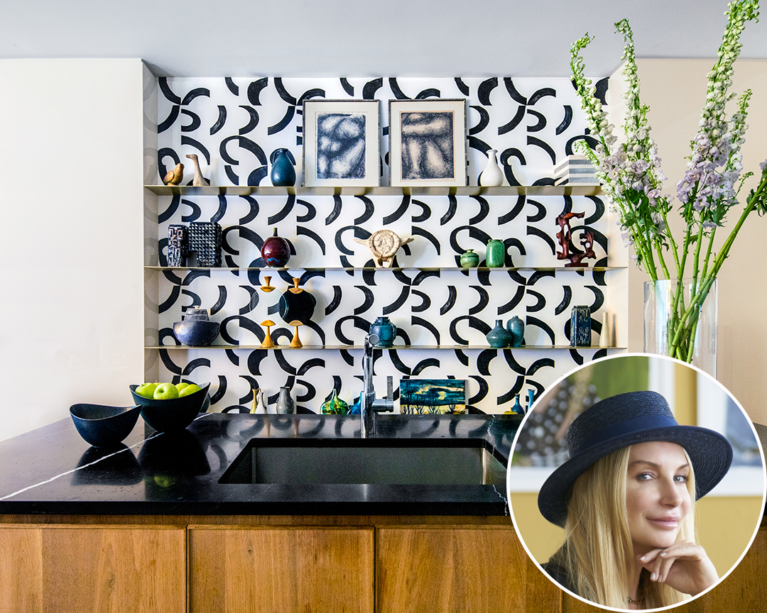Eclectic accent wall built in shelves