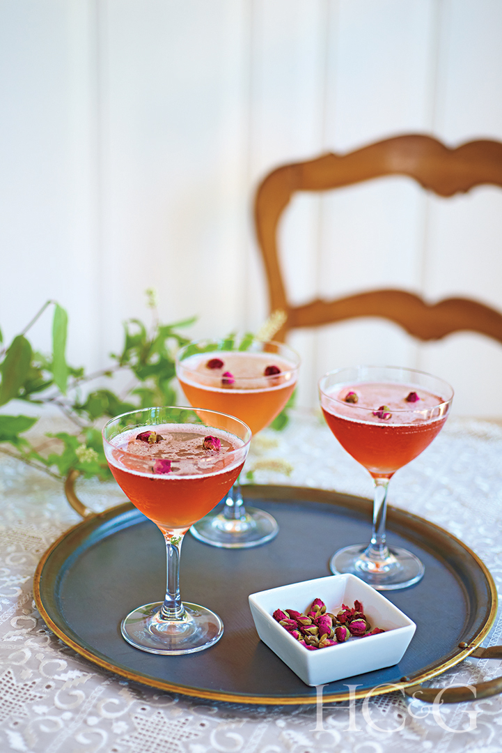 Greek specialty drink with rosé, gin, lemon juice, and jasmine cordial tea