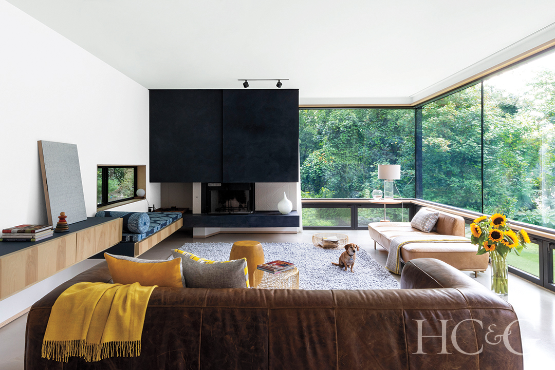 Modern tv room glass windows, brown couch, sunflowers