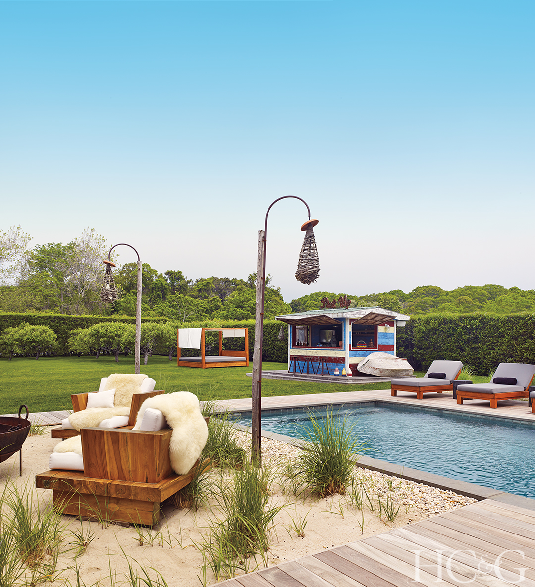 backyard design lounge chairs; pool; daybed; shed