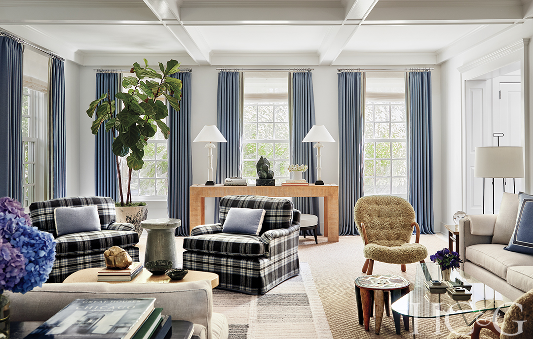 living room design; plaid armchairs, blue draperies