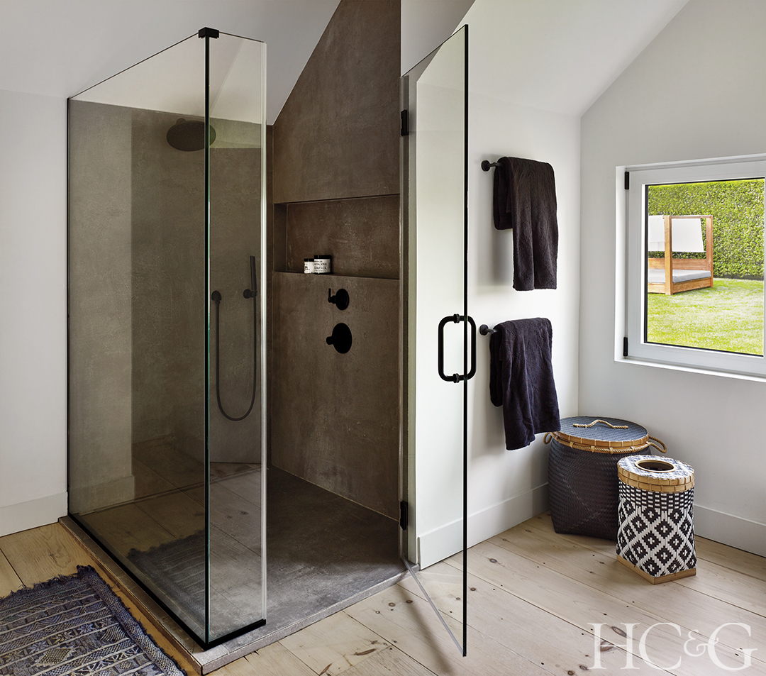 glass door shower with black hardware