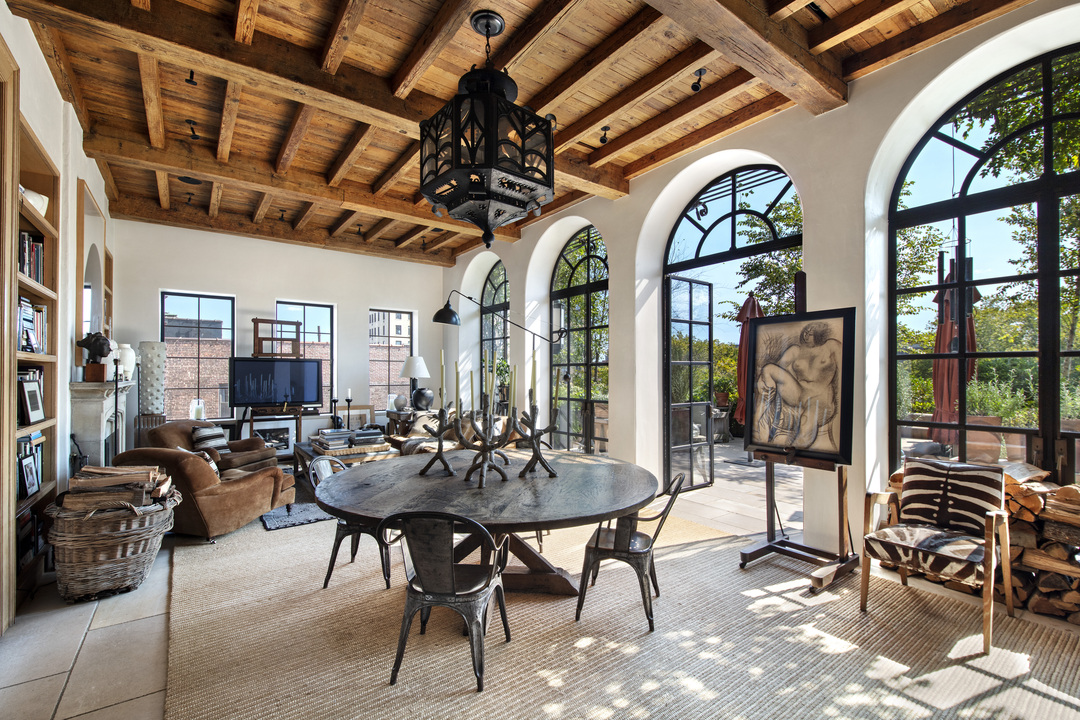 East Village Duplex Penthouse Great Room Beamed Ceilings