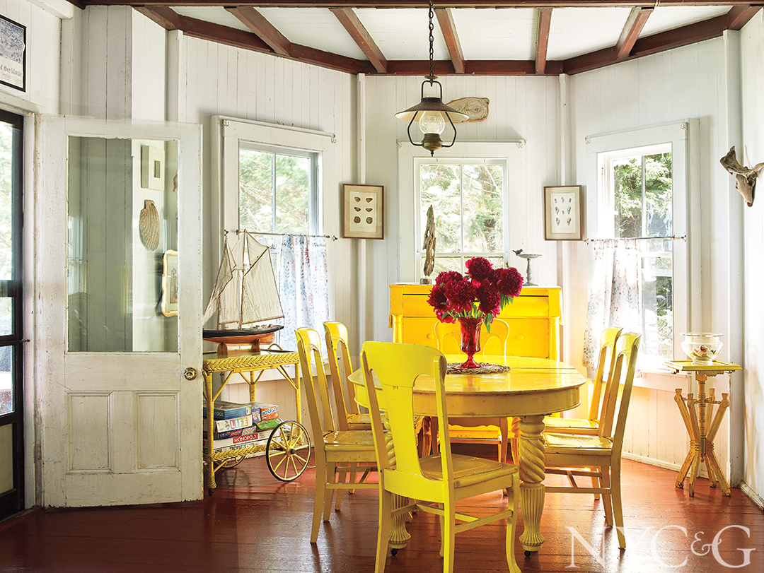 yellow dining table; antique decor