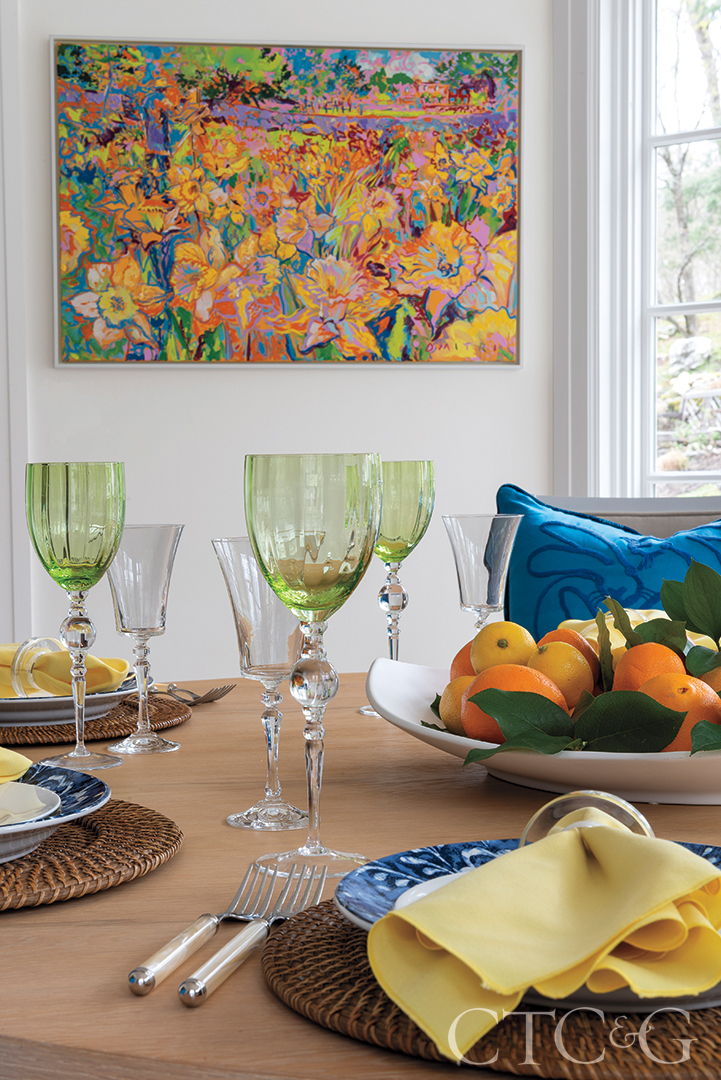 green, yellow and blue table decor