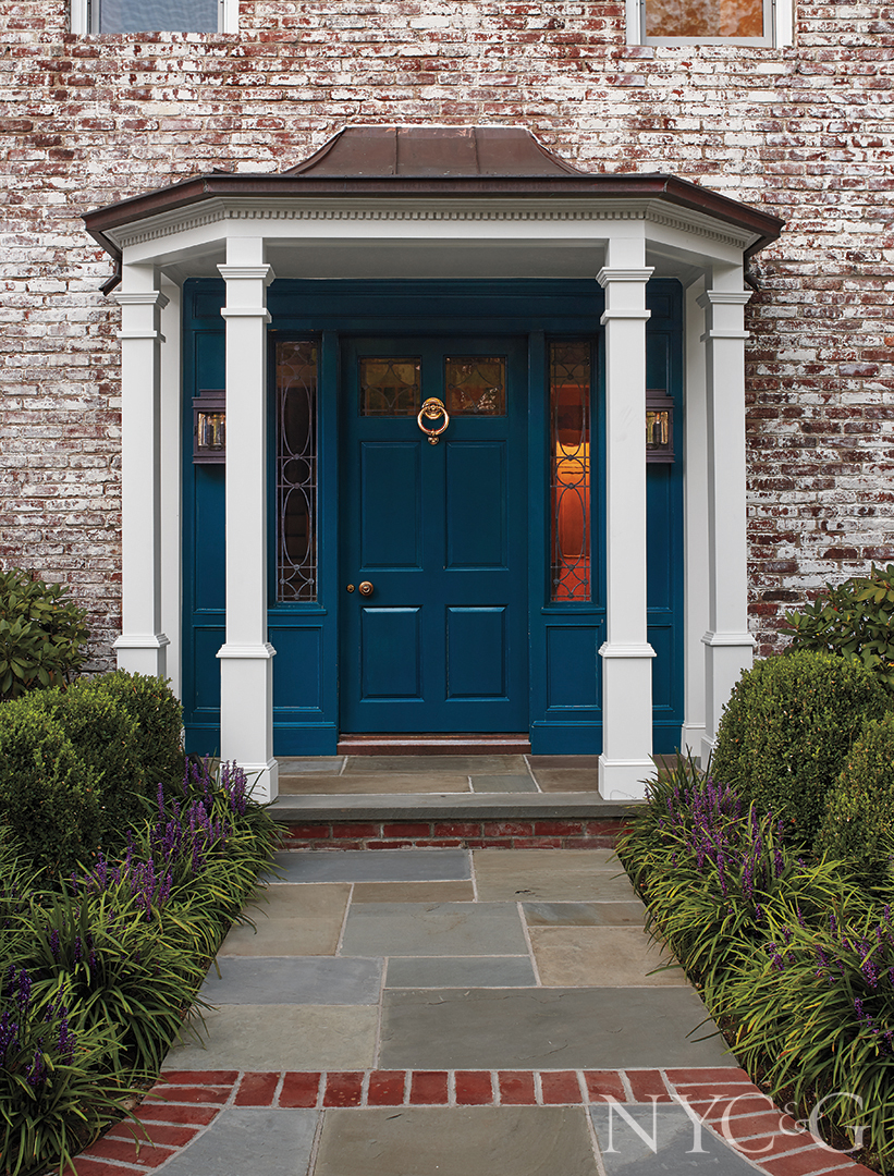 Long Island Colonial Manor Blue Door Entrance