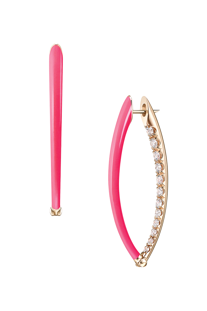 Sakscom Melissa Kaye Cristina 18k Rose Gold Diamond Neon Pink Enamel Medium Hoop Earrings Silo