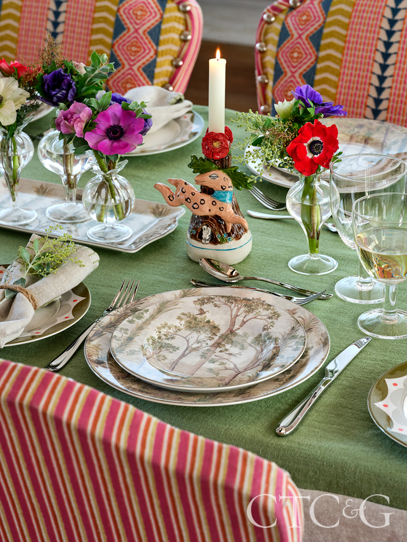 Tall Trees Tableware Place Setting With Scoop Cutlery And Glassware Mid Shot With Kk Antelope Candlabra