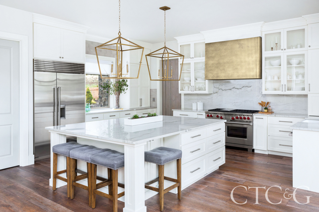 Beautiful Kitchen In New Luxury Home With Island, Pendant Lights, And Hardwood Floors