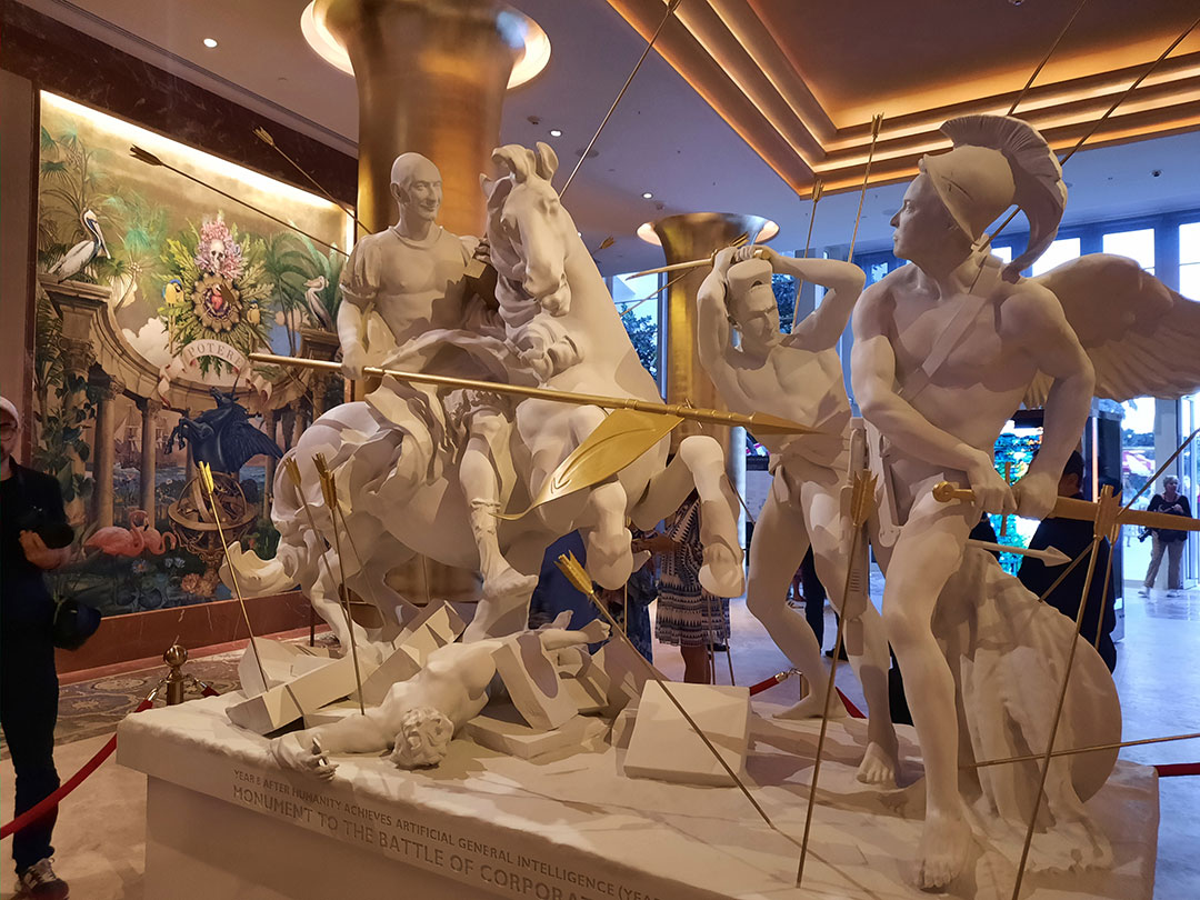 73 At Faena Sculpture Showiing Jeff Bezos Mark Zuckerberg And Elon Musk Portrayed In Battle Of The Corporate Nations