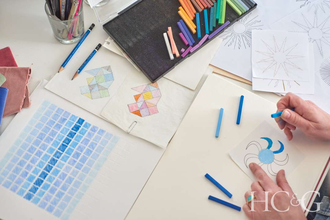 Sketched and colored graphic motifs on tracing paper