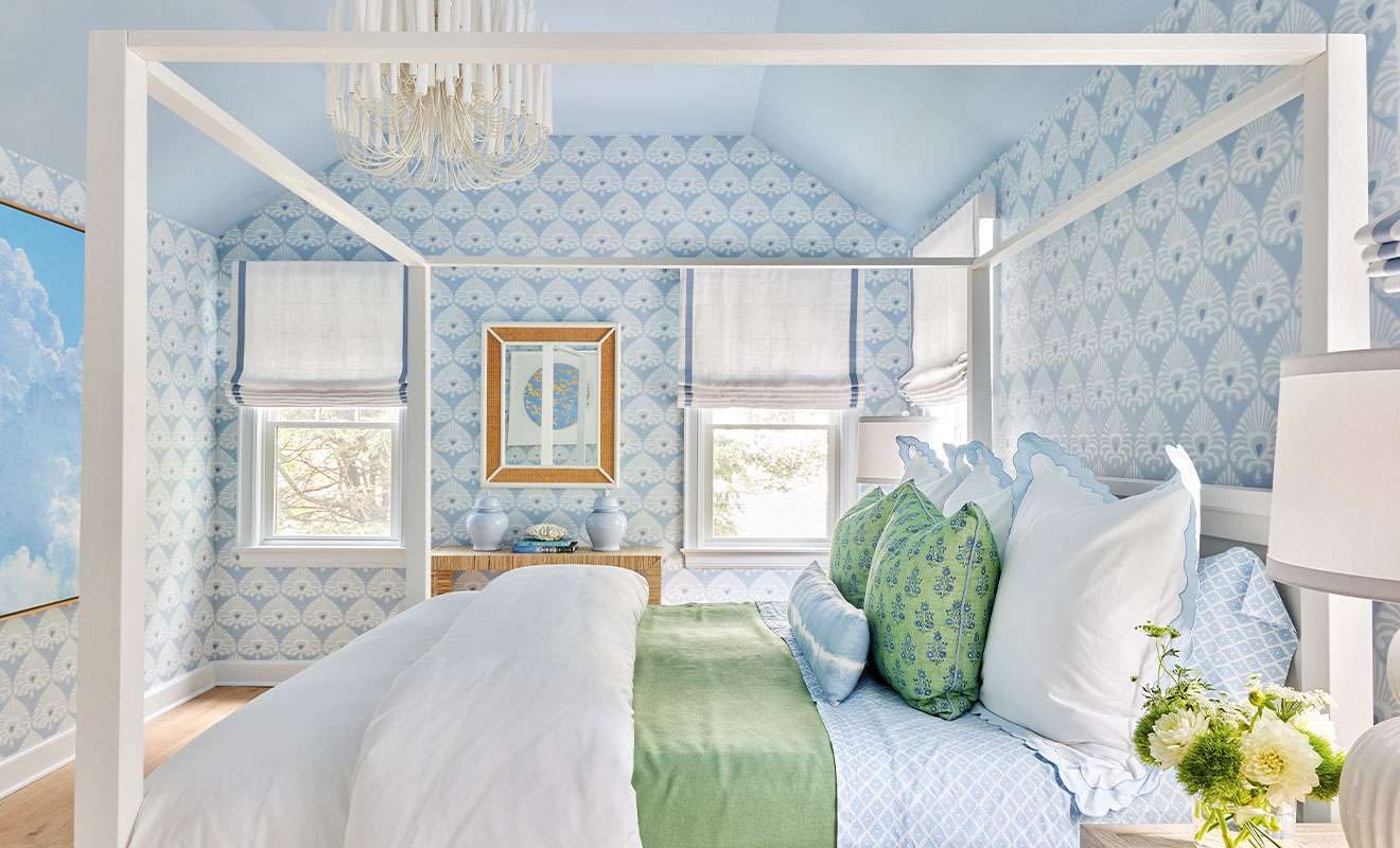 Blue patterned bedroom with square frame