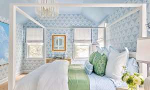 Blue patterned bedroom with square frame
