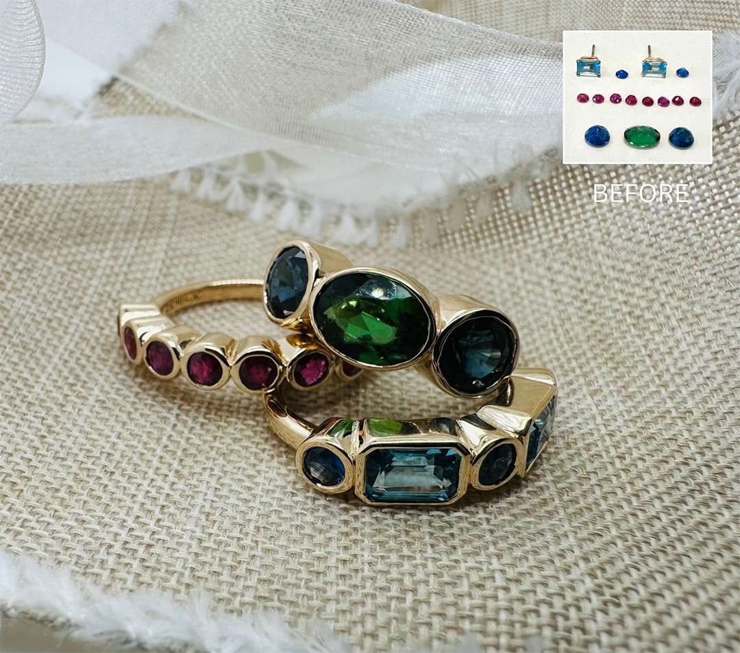 Green, red, and gold stackable rings