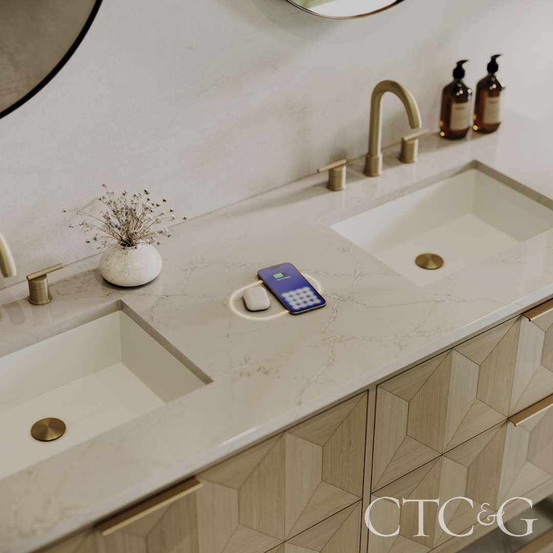 Wireless charge station in bathroom vanity.