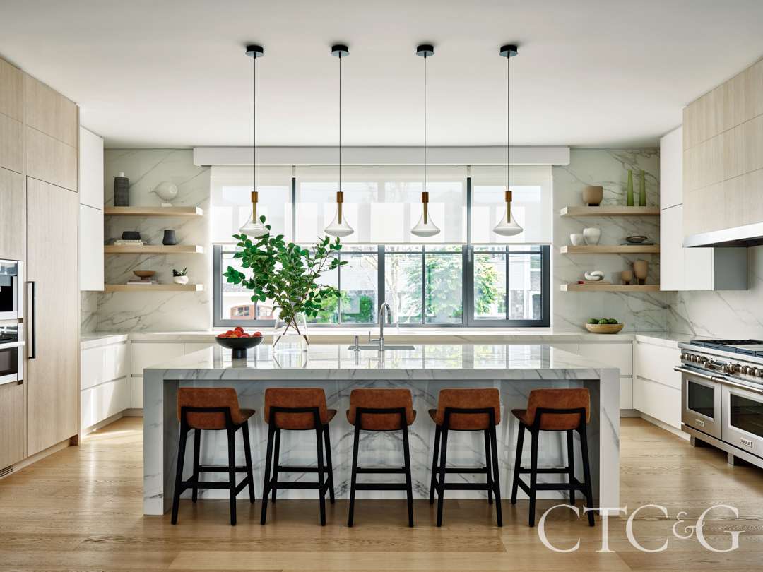 Coastal kitchen with barstool seating