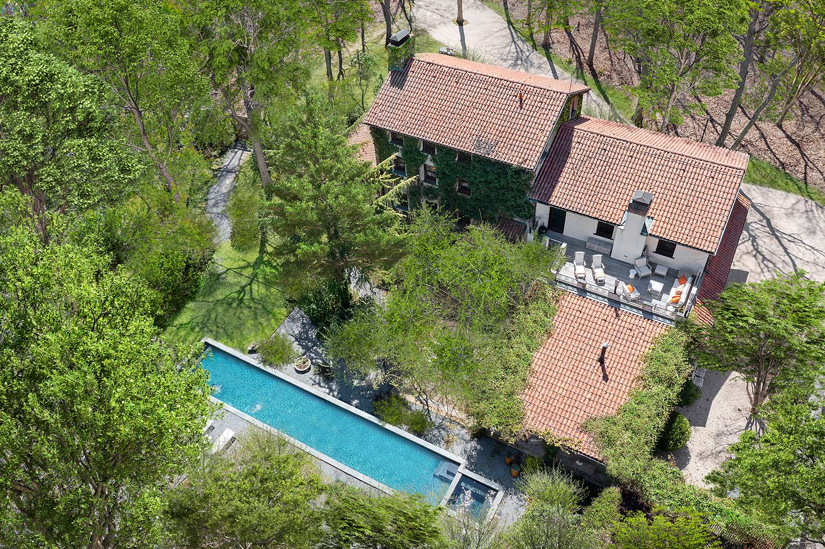 Aerial view of modern craftsman house in Sag Harbor