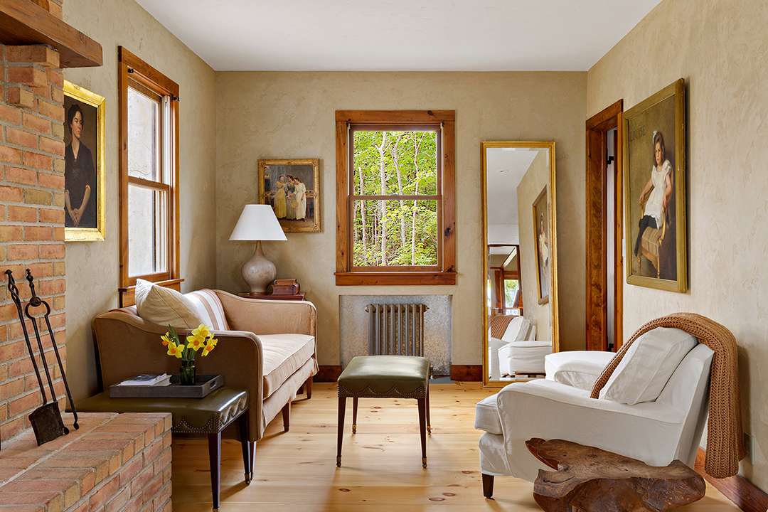 Rustic seating area with full length mirror