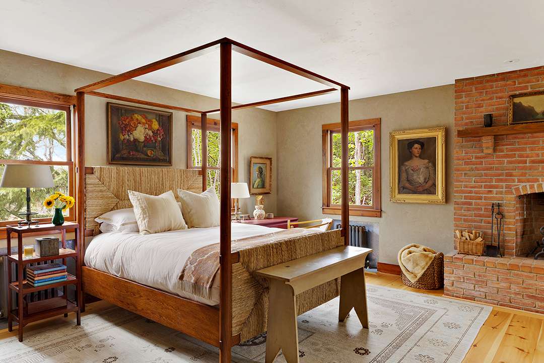 Soft colored bedroom with cube shaped bed frame