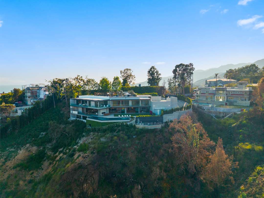 Drone shot of Pacific Palisades mansion daytime
