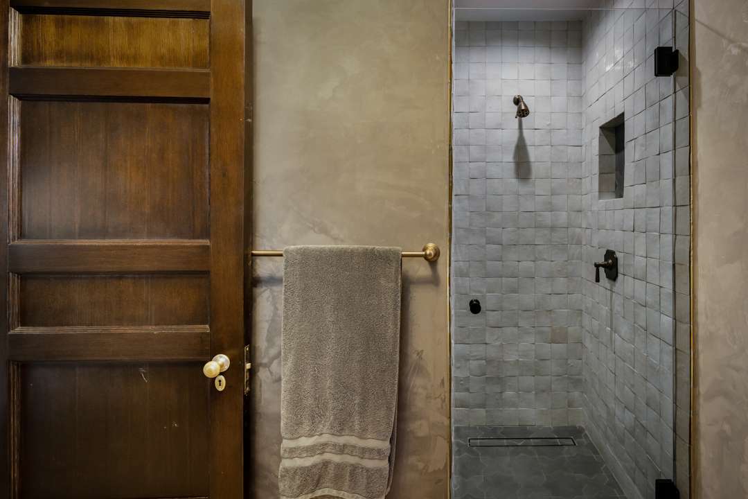 Bob Barker Former LA Home Bathroom with White Tile Shower