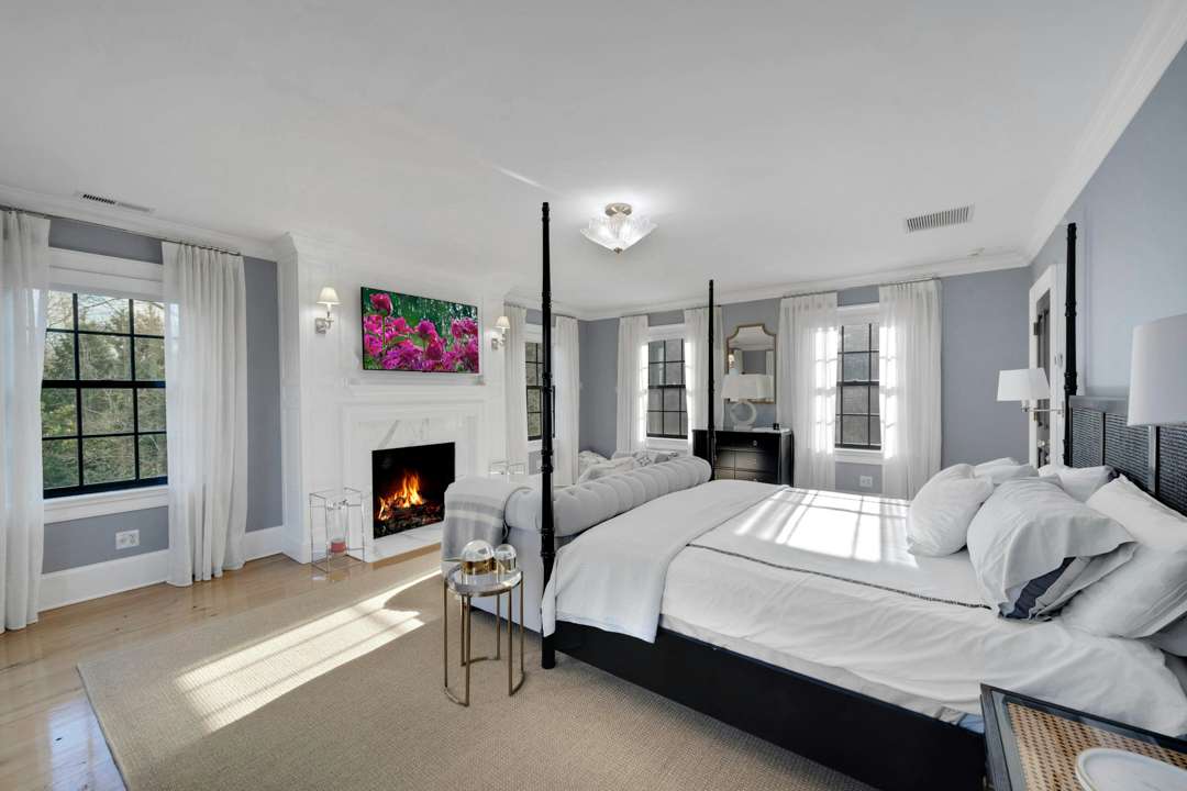 Bethenny Frankel's Greenwich house white and grey bedroom