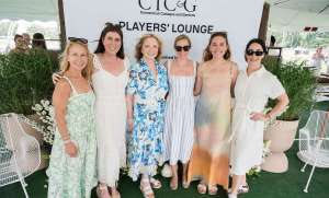 Lisa Heissan, Debbie Propst, Marianne Howatson, Lizzy Sullivan, Katie Bath, and Dina Rosenberg at CTC&G Players' Lounge at Greenwich Polo Club