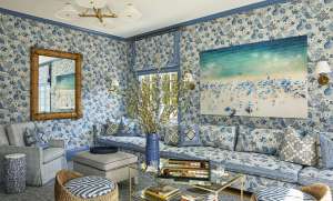 Hamptons home blue and white patterned living room