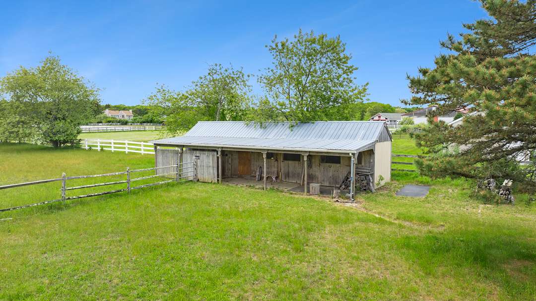 Backyard with rustic wood shed