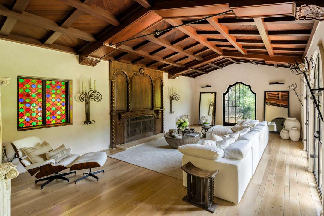 Bob Barker Former LA Home Living Room with Wood and Stained Glass