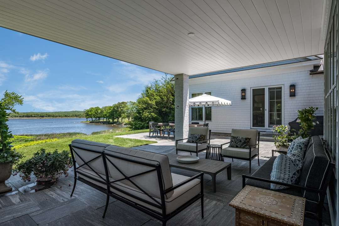 Blue, white, and brown outdoor living room