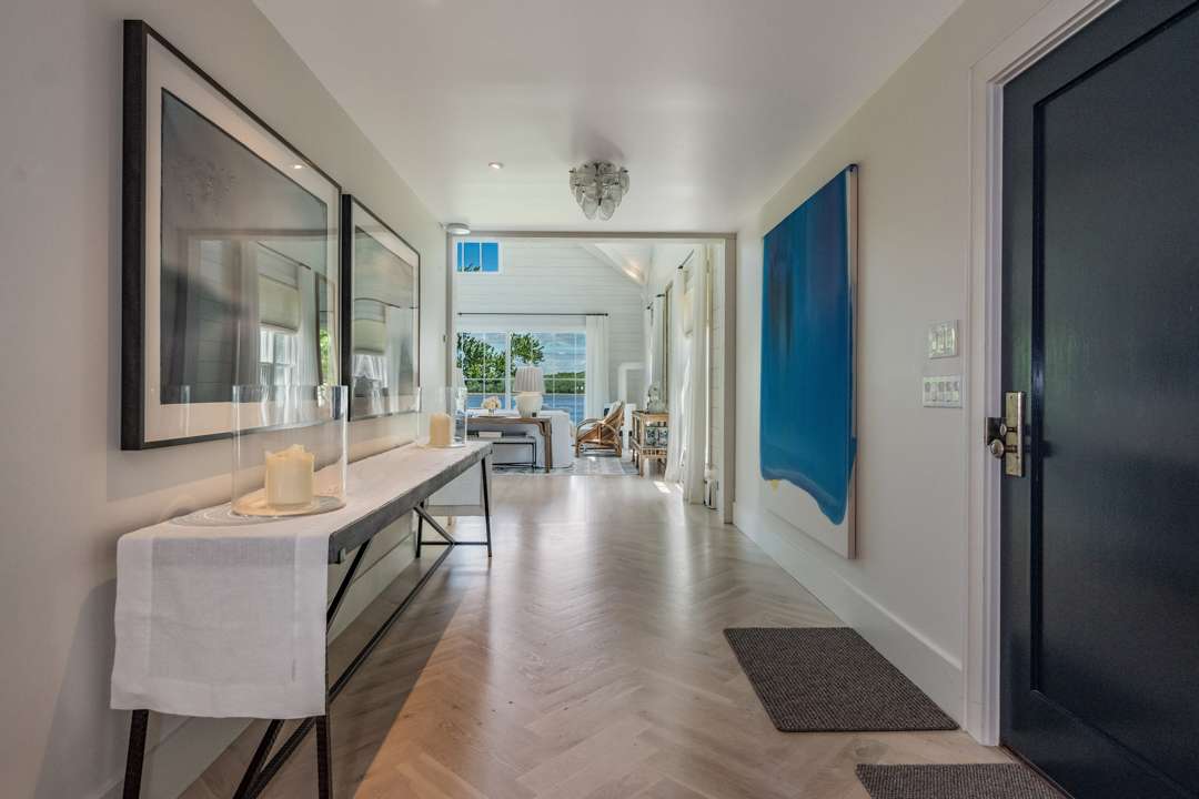 Blue, white, and gray entryway