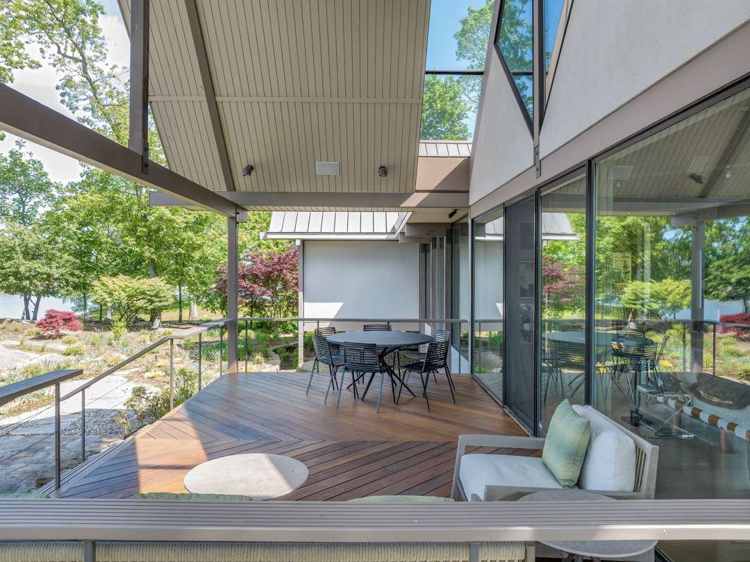 Neutral wood deck with green accents