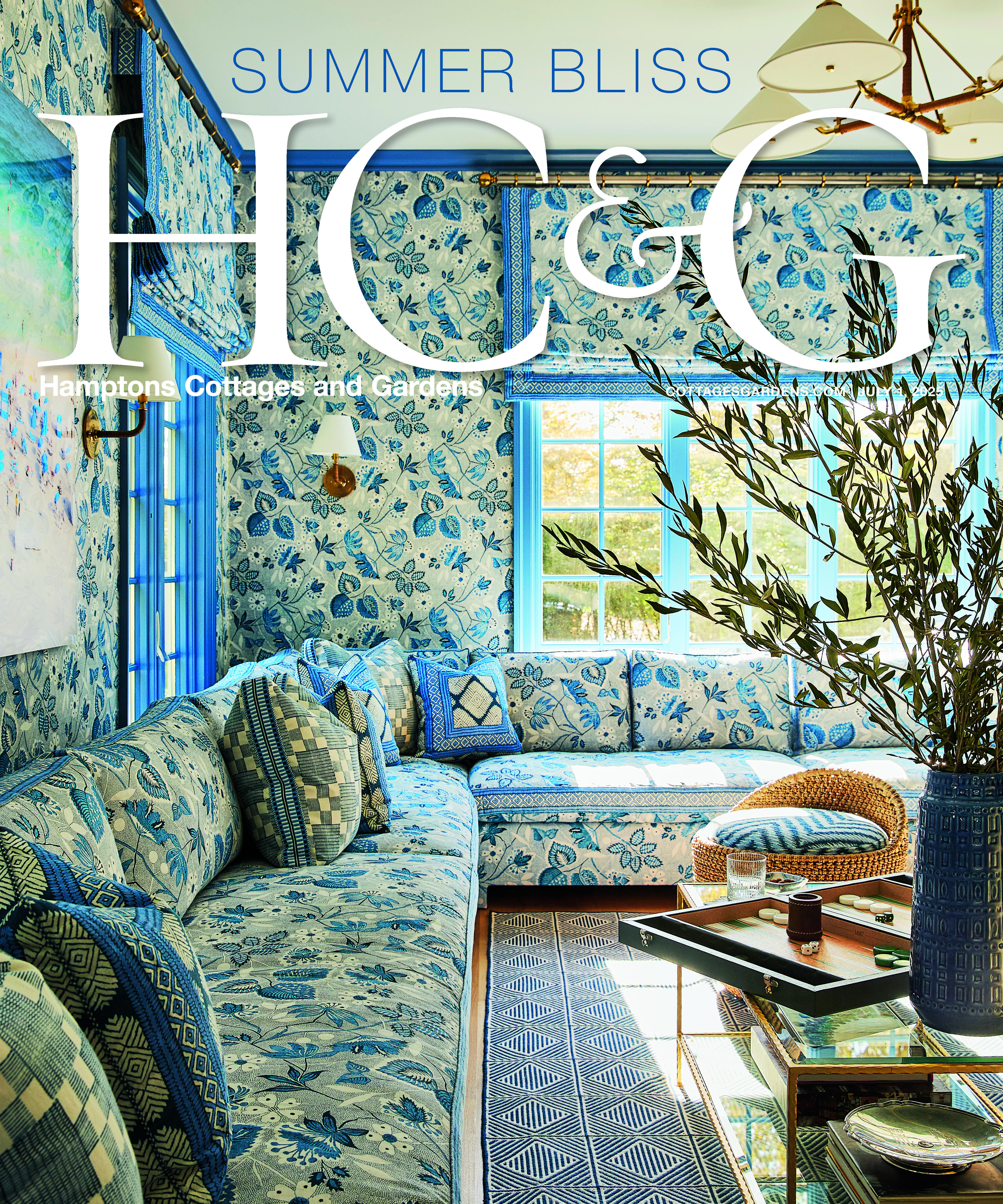 Hamptons Cottages and Gardens July 1 2025 blue and white living room cover