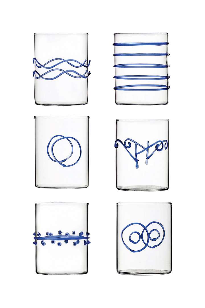 Water glasses with blue abstract designs