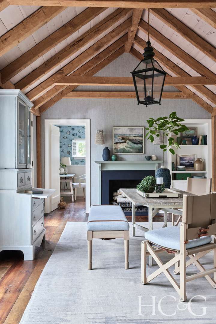 Hamptons Home Dining Room with Fireplace